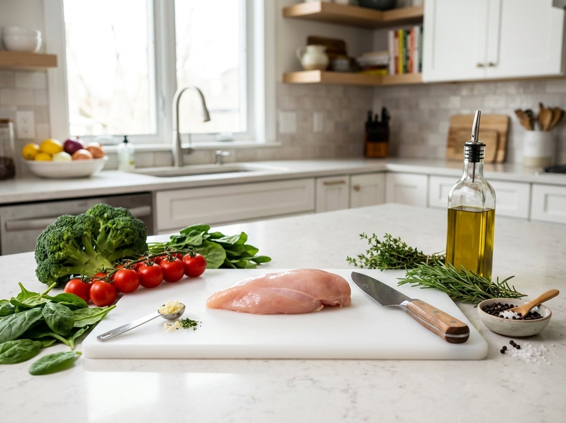Raw chicken breast on a cutting board surrounded by fresh vegetables and herbs in a bright kitchen.