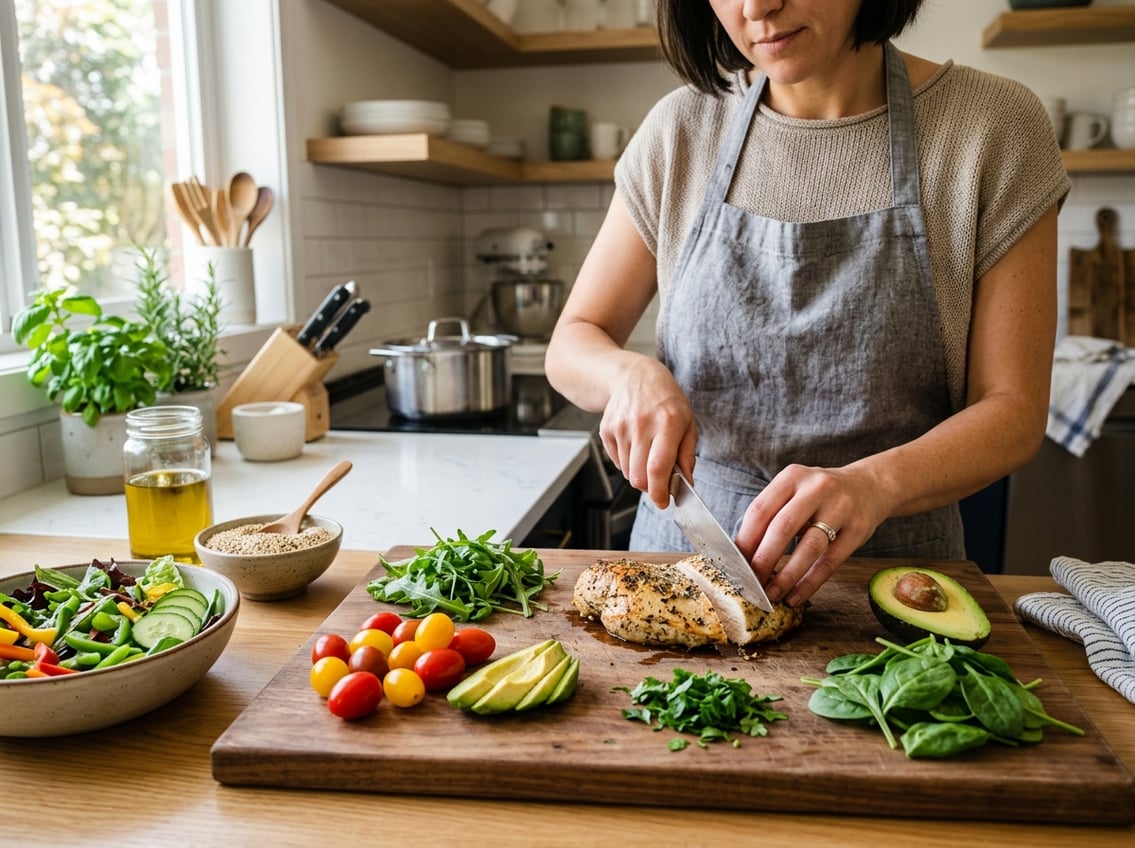 A person slicing cooked chicken breast on a cutting board surrounded by fresh vegetables in a kitchen.