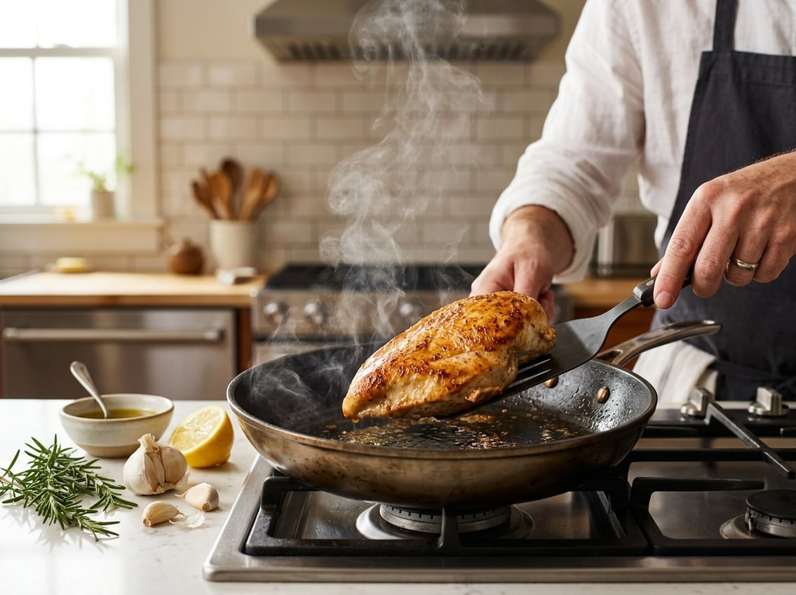 Close-up of a cooked chicken breast being flipped in a skillet with fresh herbs and ingredients nearby.
