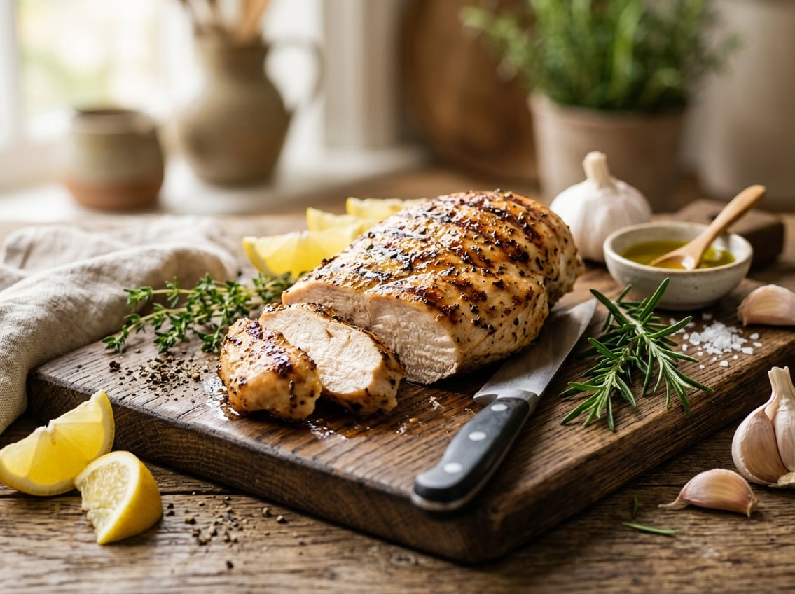 A cooked chicken breast on a cutting board with fresh herbs, garlic, lemon wedges, and olive oil nearby.