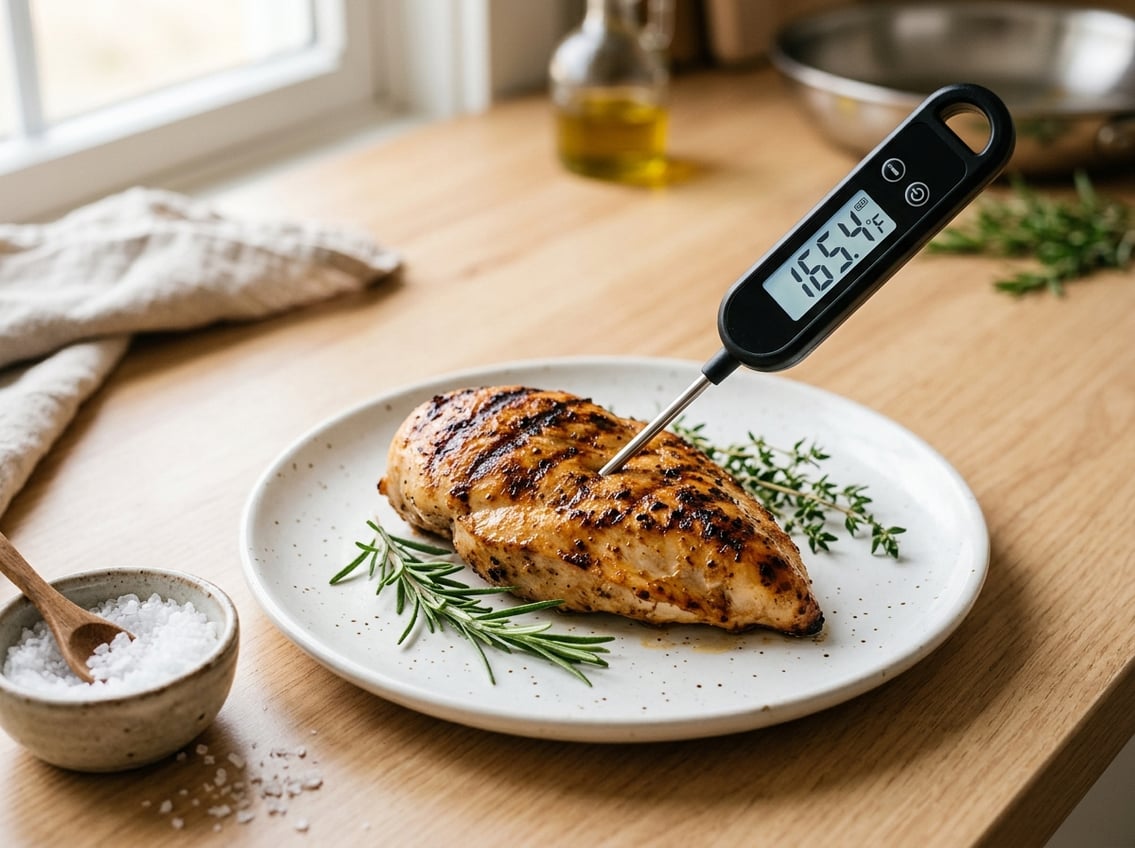 A cooked chicken breast on a plate with a digital thermometer showing the temperature, surrounded by fresh herbs on a wooden countertop.
