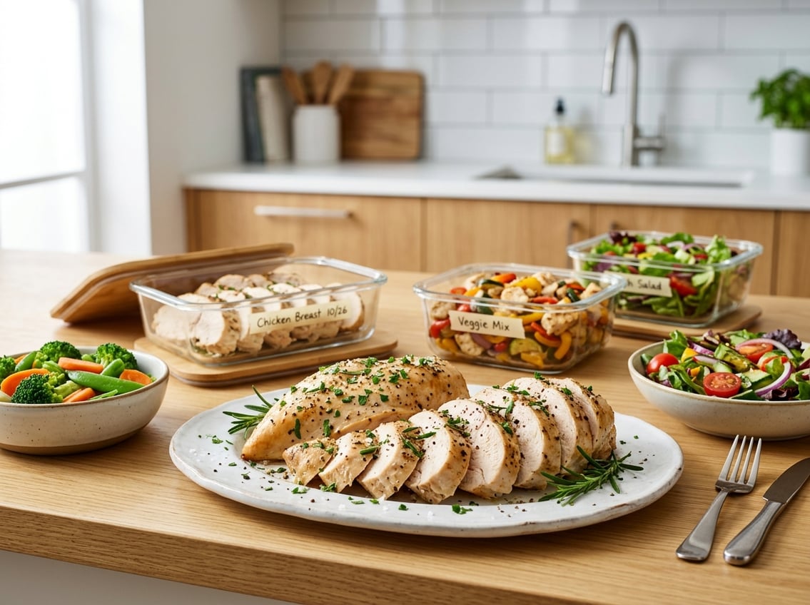 Sliced cooked chicken breast on a serving plate with fresh herbs, surrounded by bowls of vegetables and glass containers of leftovers in a kitchen.