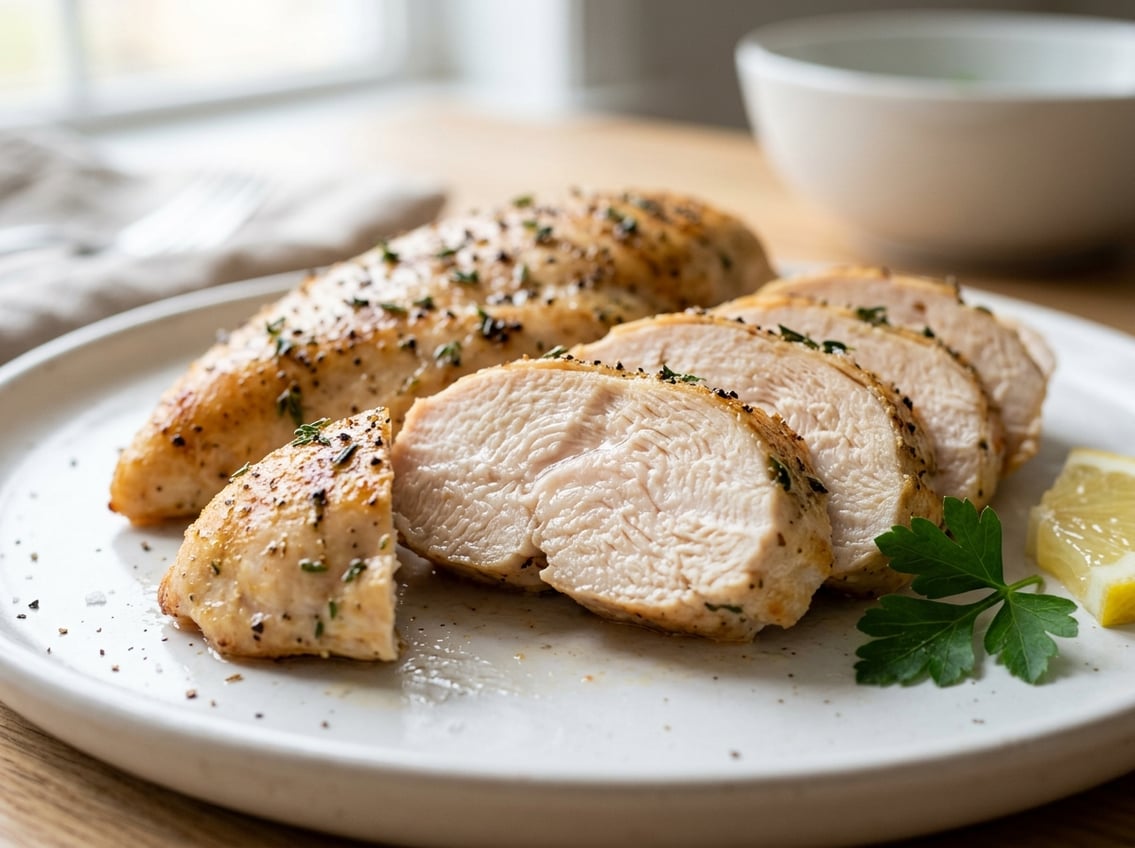 Close-up of a sliced cooked chicken breast on a white plate with garnish.