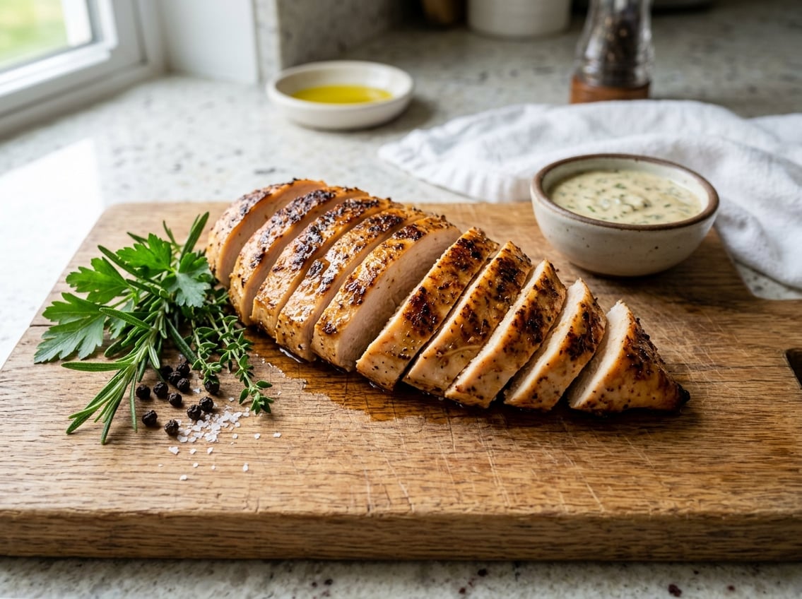 Sliced cooked chicken breast on a wooden cutting board with fresh herbs and a bowl of sauce on a kitchen countertop.
