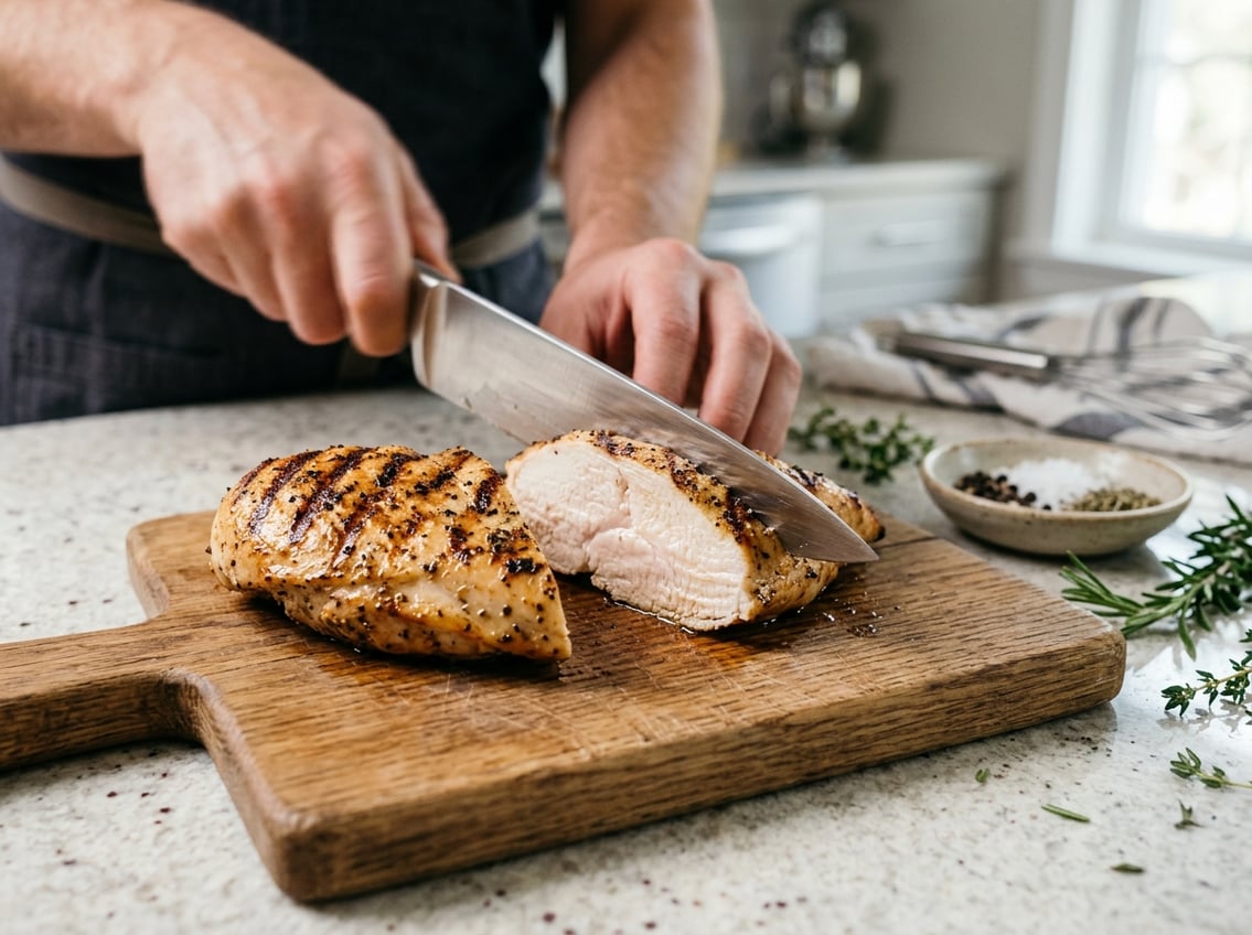 Close-up of a sliced cooked chicken breast on a wooden cutting board with fresh herbs in the background.