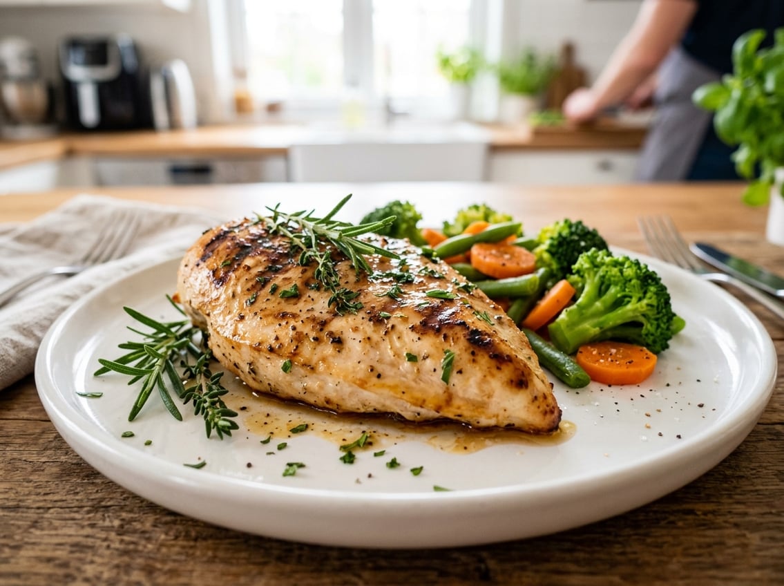 A cooked chicken breast on a plate with fresh herbs and steamed vegetables.