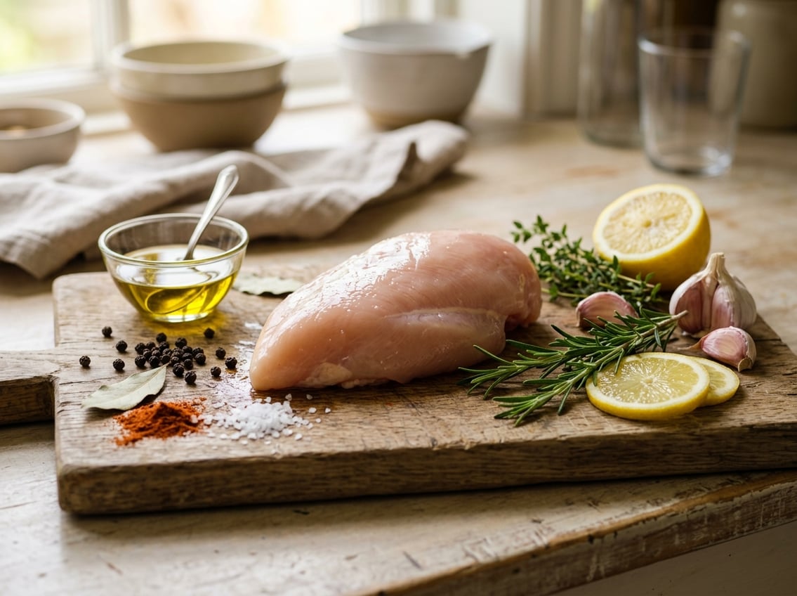 Close-up of a raw chicken breast on a wooden board surrounded by fresh herbs, garlic, lemon slices, olive oil, and spices.