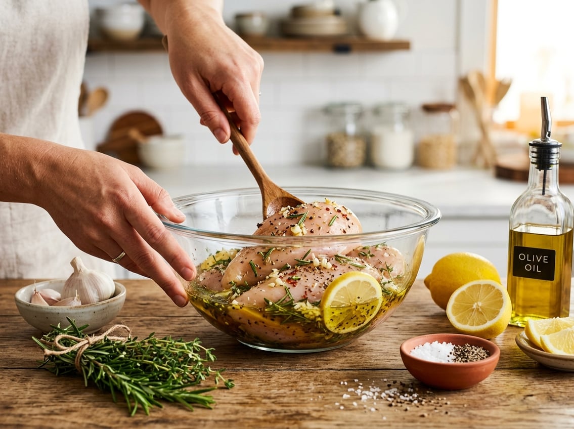 Hands mixing marinade with raw chicken breasts in a glass bowl surrounded by fresh herbs, lemon slices, garlic, and spices on a wooden countertop.