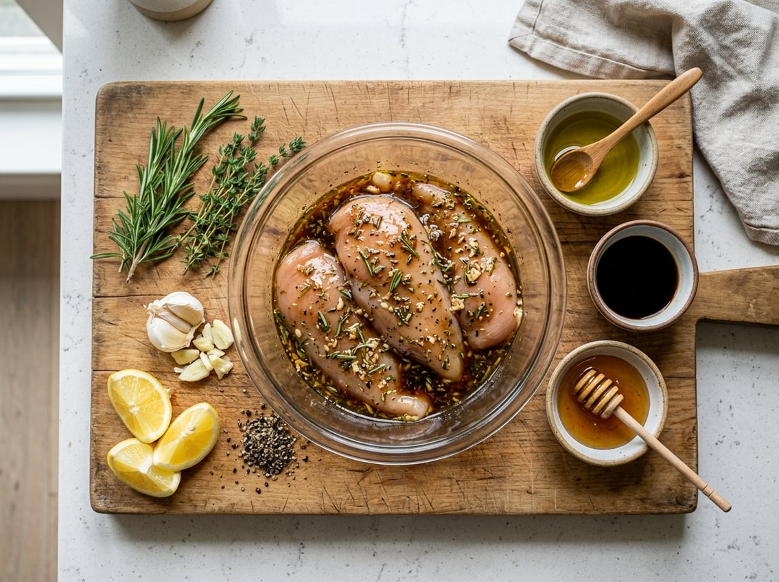 Raw chicken breasts marinating on a cutting board surrounded by fresh herbs, garlic, lemon wedges, and small bowls of marinade ingredients.