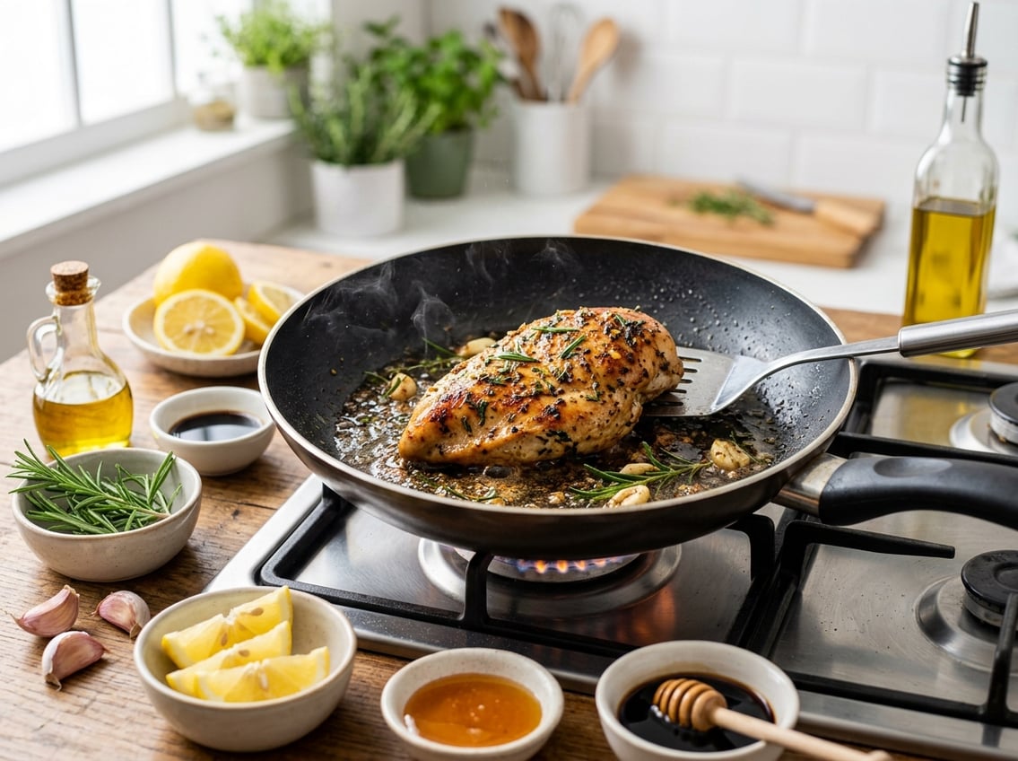 Close-up of a juicy chicken breast cooking in a skillet with fresh herbs and marinade ingredients nearby in a bright kitchen.