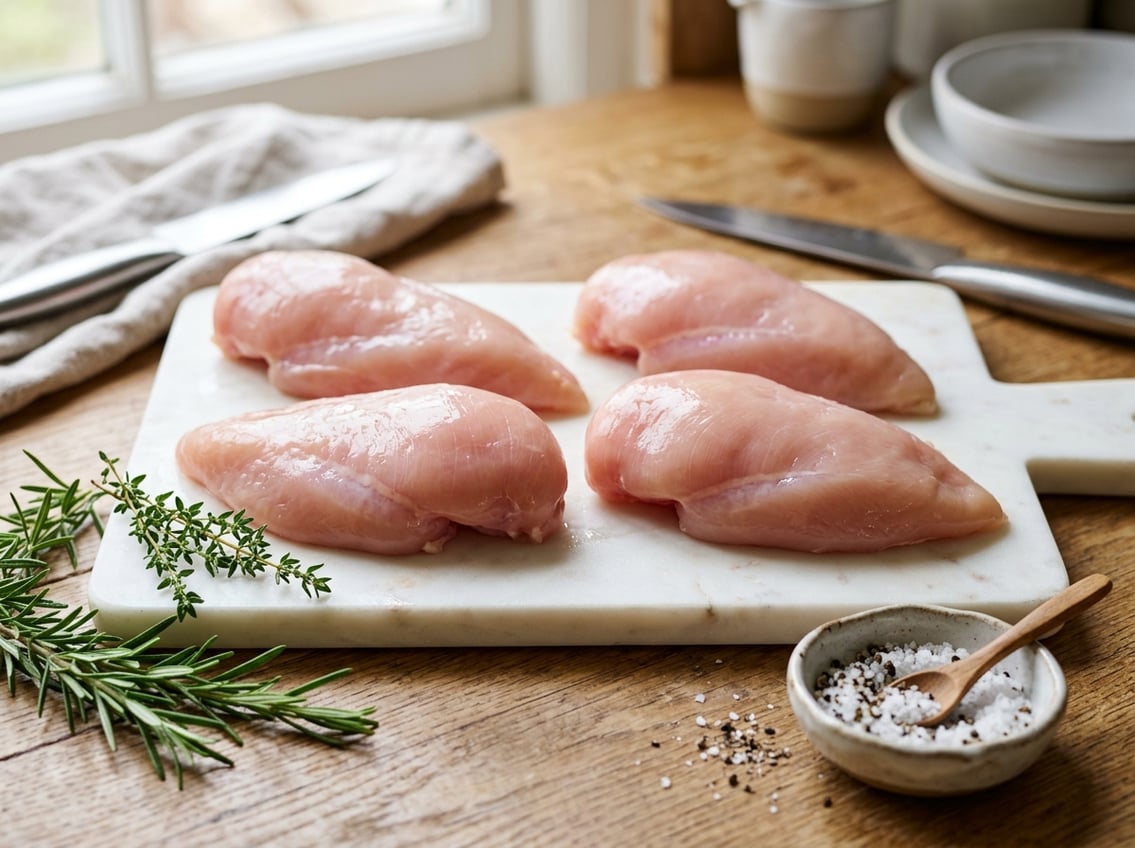 Fresh raw chicken breast halves arranged on a white cutting board with herbs and seasoning nearby.