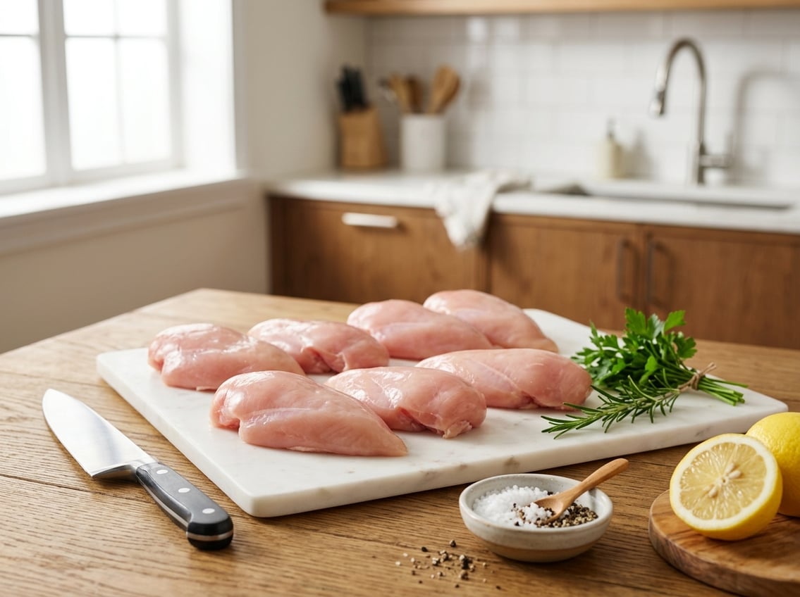 Raw chicken breast halves on a cutting board with a knife, herbs, and lemon in a kitchen setting.