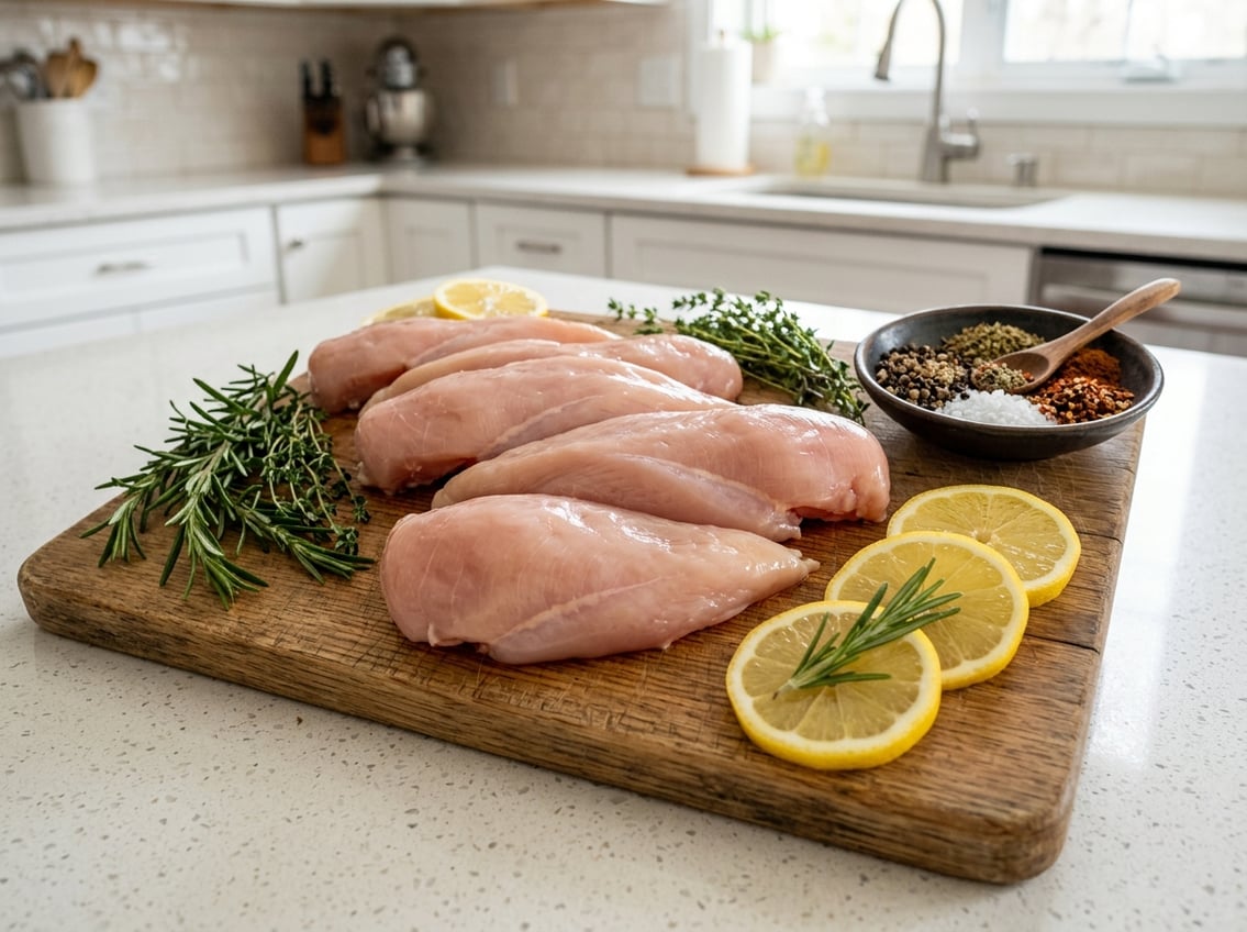 Fresh raw chicken breast halves on a wooden cutting board with herbs, lemon slices, and seasoning in a bright kitchen setting.