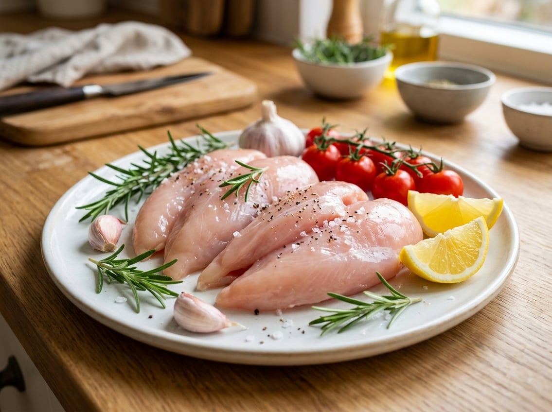 Close-up of raw chicken breast halves on a plate with fresh herbs, garlic, tomatoes, and lemon wedges on a kitchen countertop.