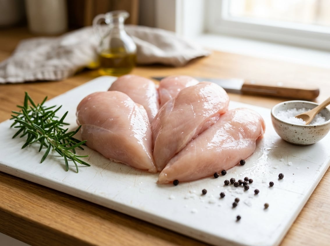 Close-up of raw chicken breasts on a white cutting board with rosemary and peppercorns nearby.