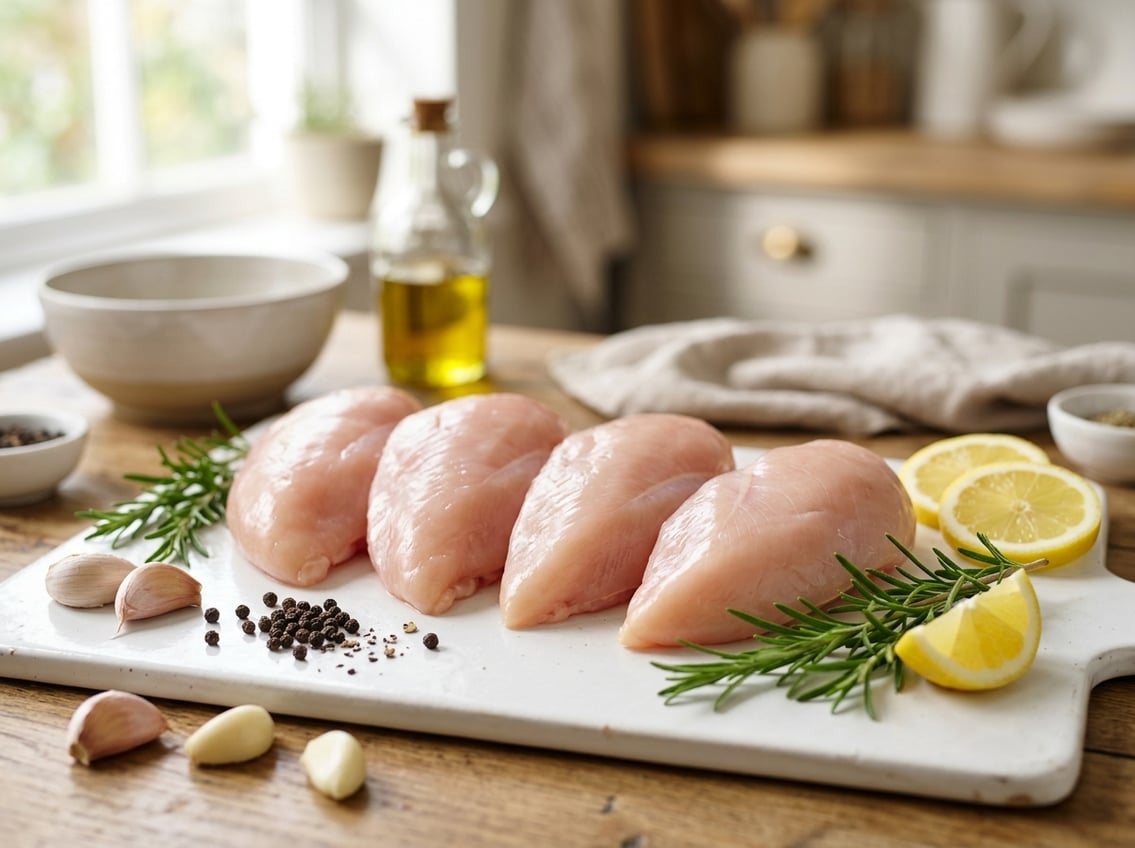 Fresh raw chicken breasts on a cutting board surrounded by herbs and lemon slices in a kitchen setting.