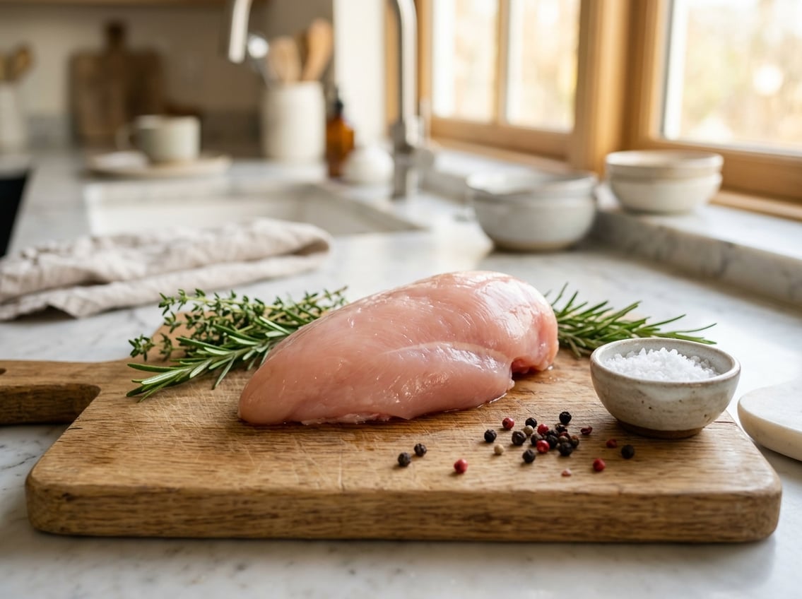 Raw boneless chicken breast on a wooden cutting board with herbs and spices in a kitchen setting.