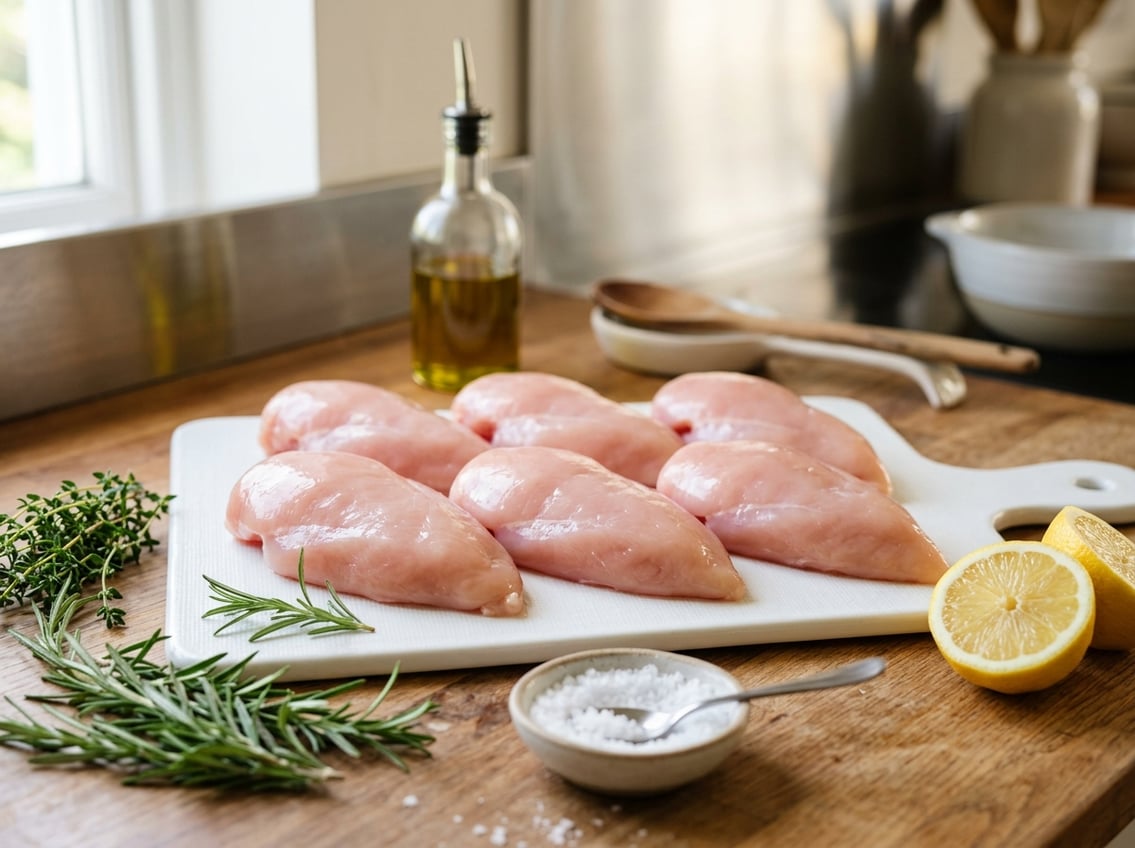 Fresh raw chicken breasts on a cutting board with herbs and lemon in a bright kitchen.