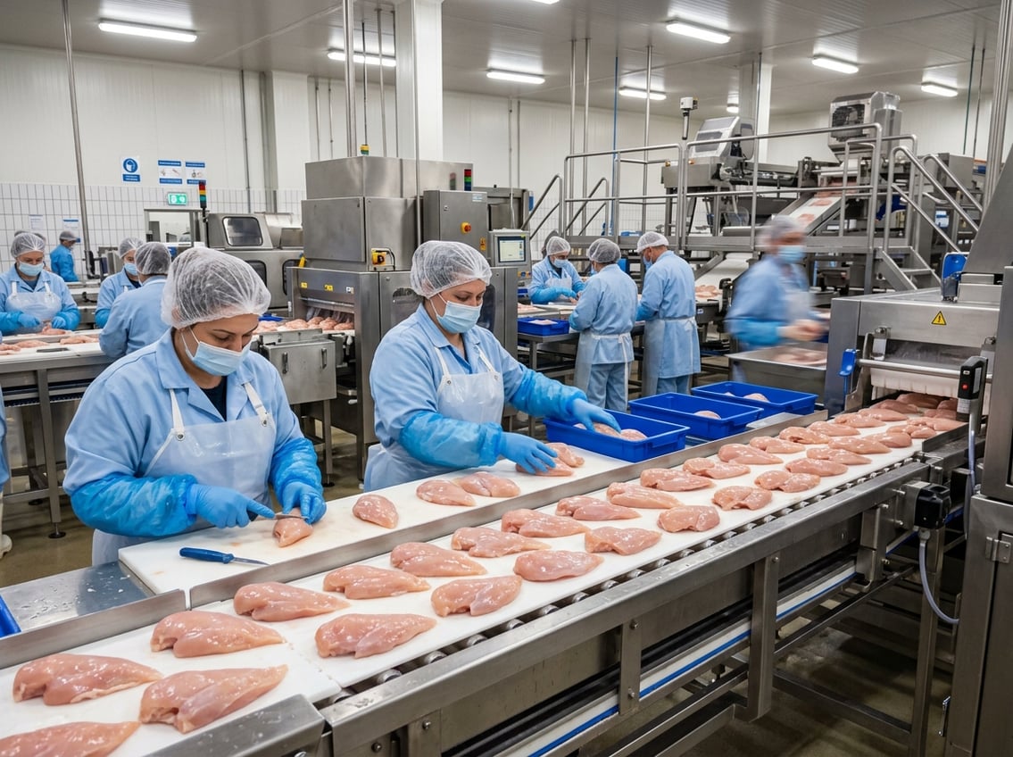Workers in a clean poultry processing facility handling raw chicken breasts on a conveyor belt.