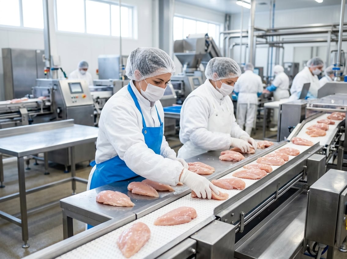 Close-up of fresh chicken breasts being handled by workers in protective clothing in a clean food processing facility.