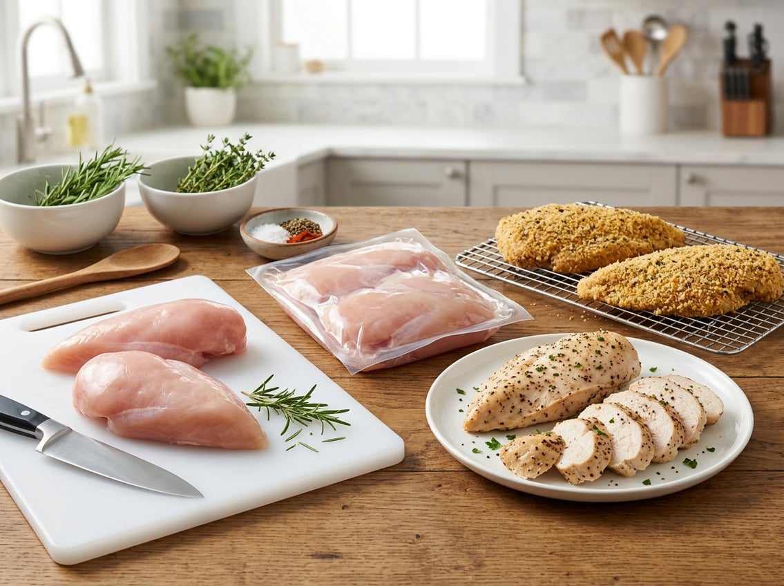 Various chicken breast products including raw, packaged, breaded, and pre-cooked slices displayed on a kitchen counter.