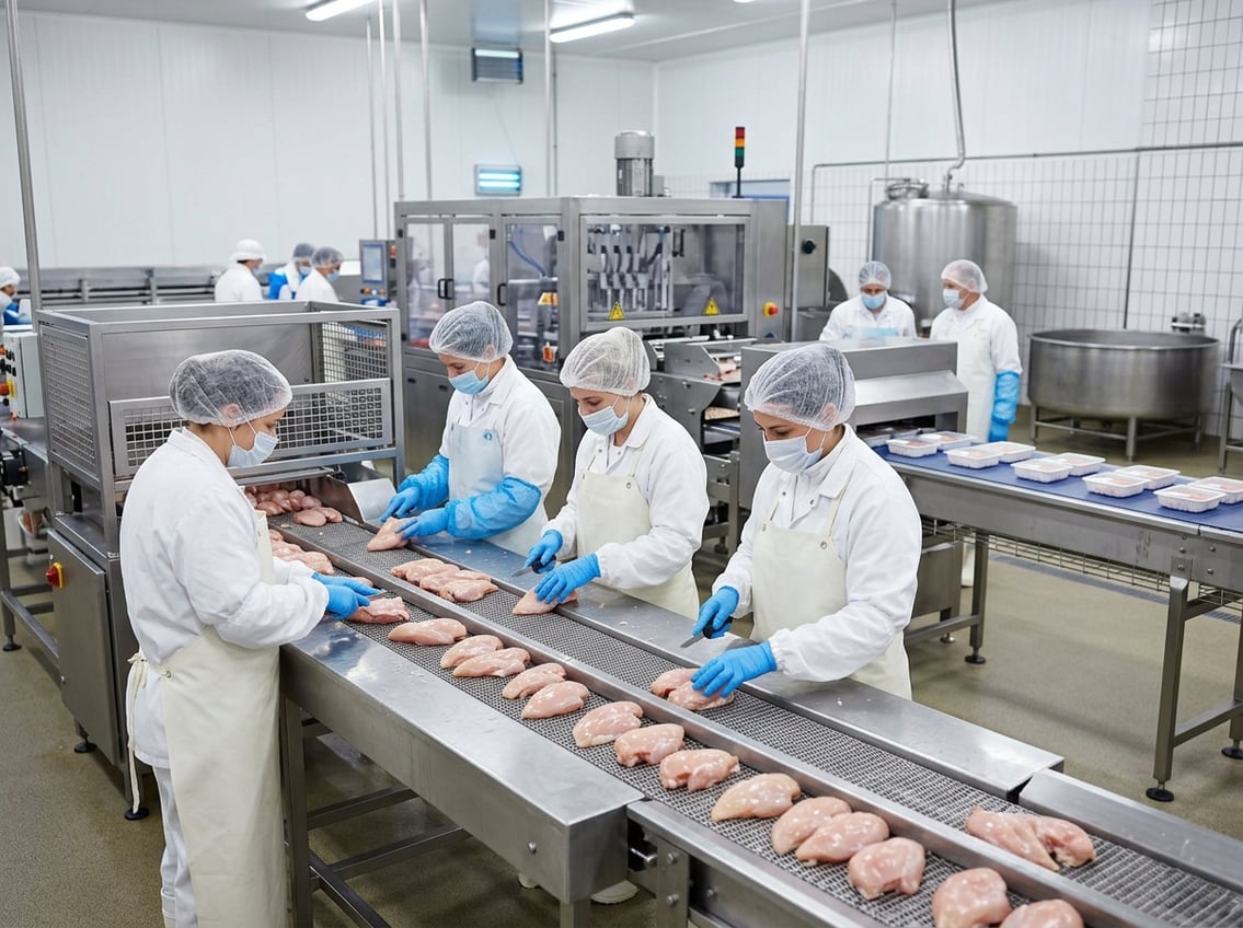 Workers in sanitary clothing handling raw chicken breasts on a conveyor belt inside a clean food processing facility.