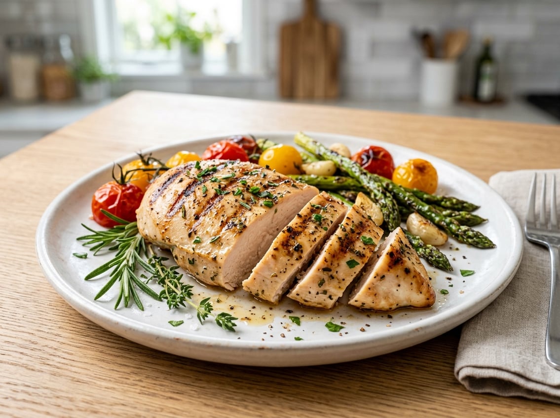 A sliced, juicy chicken breast on a plate with herbs and roasted vegetables.
