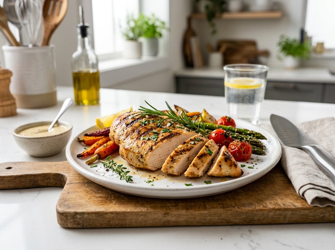 A cooked chicken breast with herbs on a plate, surrounded by roasted vegetables and kitchen utensils on a countertop.