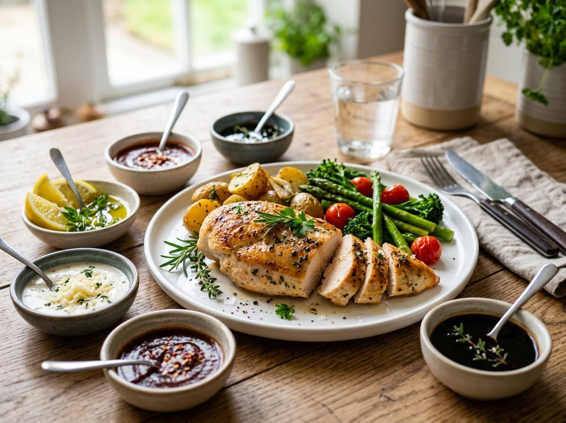 A plated chicken breast dish garnished with fresh herbs, surrounded by small bowls of sauces and spices on a bright kitchen table.