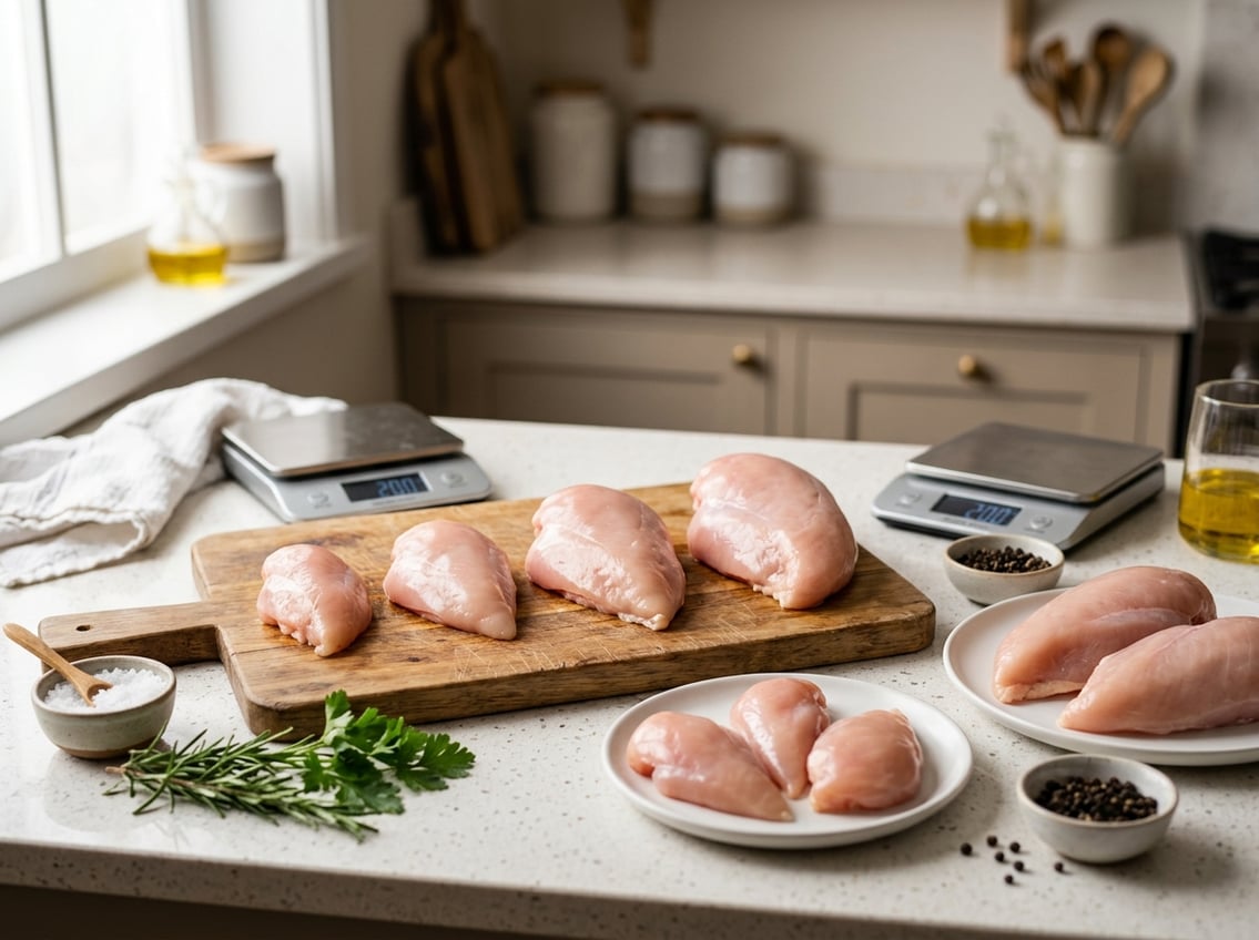 Various raw chicken breasts of different sizes arranged on a cutting board and plates in a kitchen setting with fresh herbs and a kitchen scale nearby.