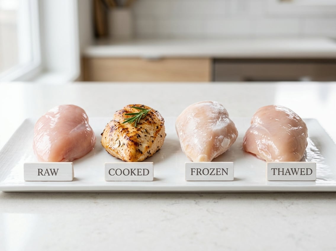 Four chicken breasts displayed side by side showing raw, cooked, frozen, and thawed states on a white surface.