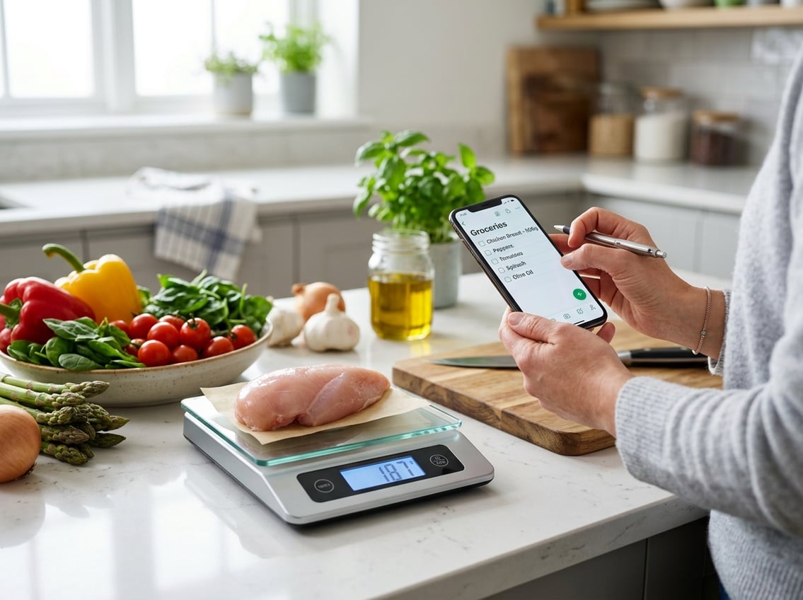 A kitchen countertop with a digital scale weighing a raw chicken breast, hands holding a grocery list nearby, and fresh vegetables around.