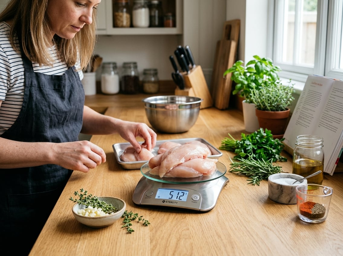 Raw chicken breasts on a digital kitchen scale in a kitchen surrounded by fresh ingredients and cooking utensils.