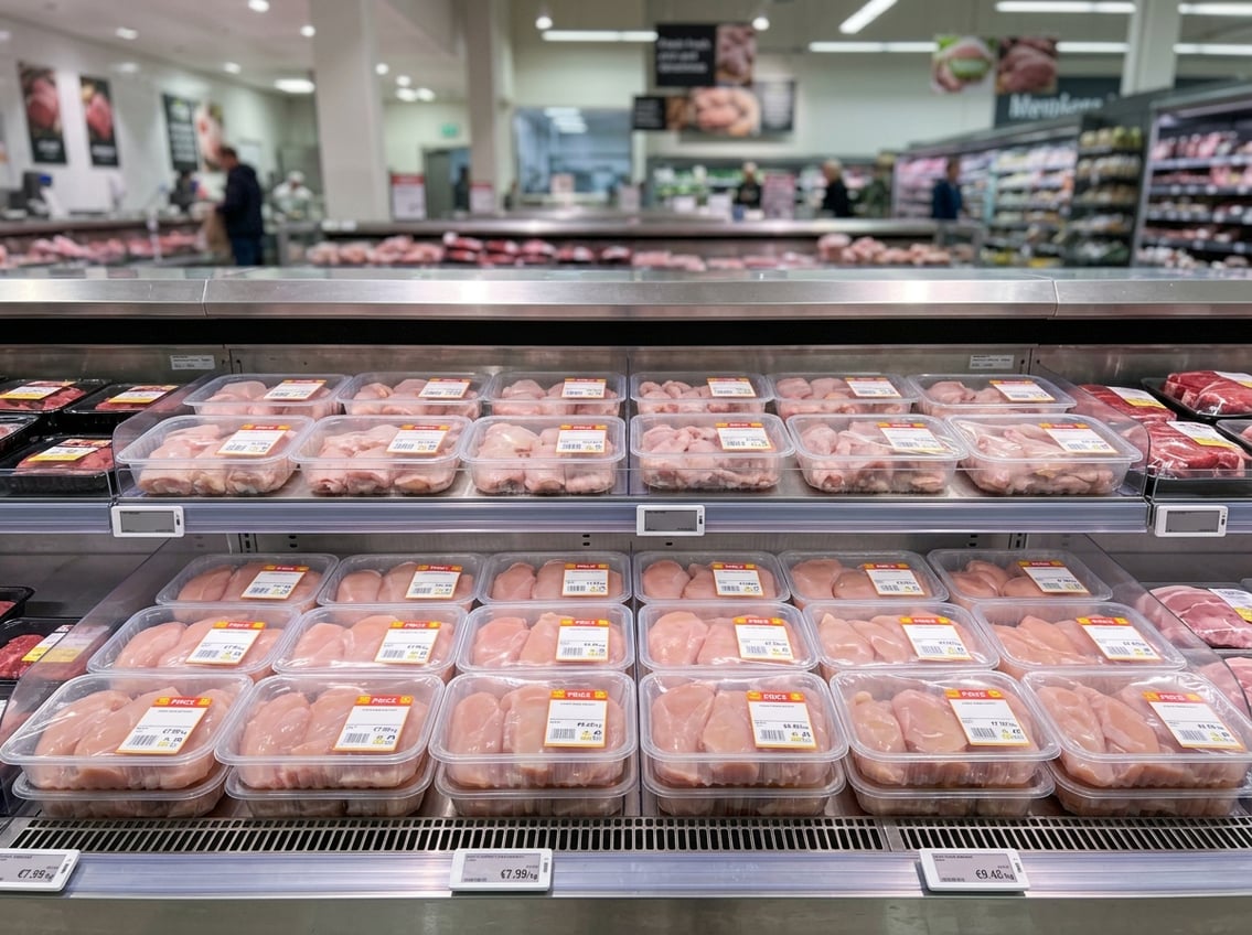Fresh raw chicken breasts packaged and displayed in a grocery store meat section.
