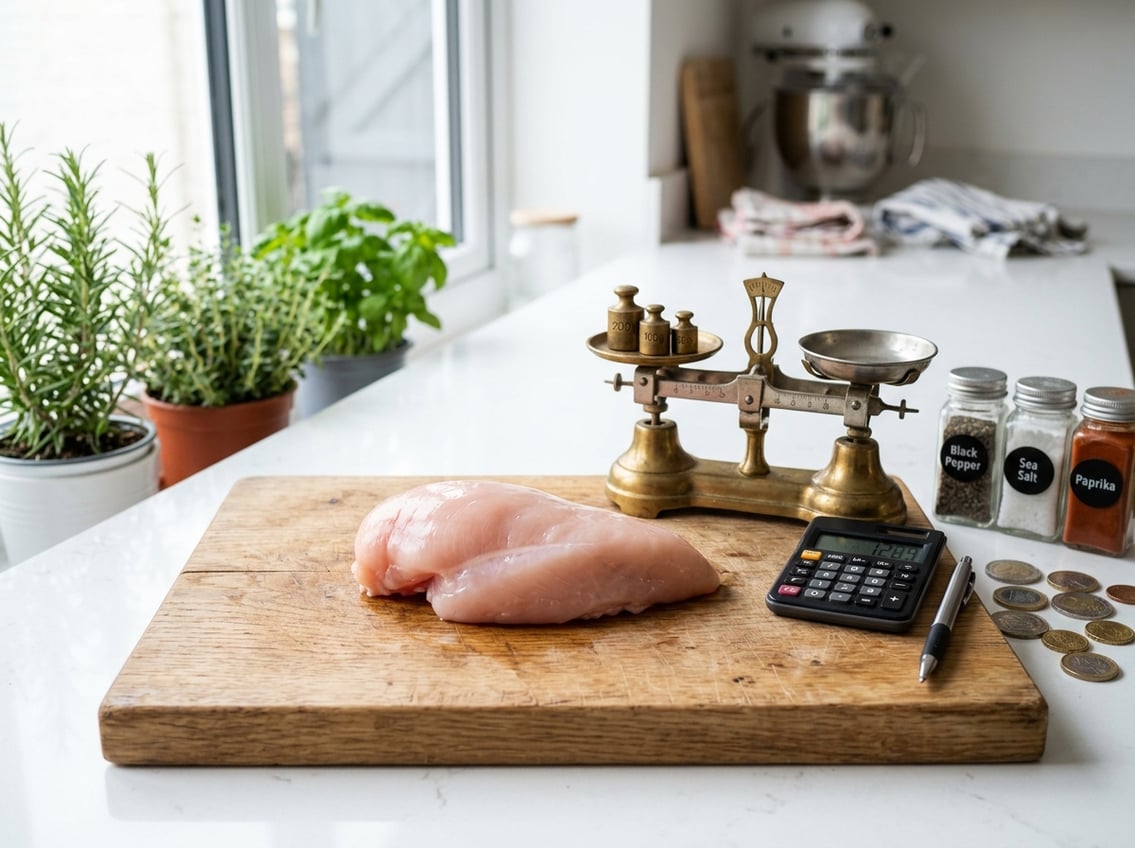 A raw chicken breast on a wooden cutting board surrounded by spices, a calculator, coins, and a measuring scale on a kitchen countertop.