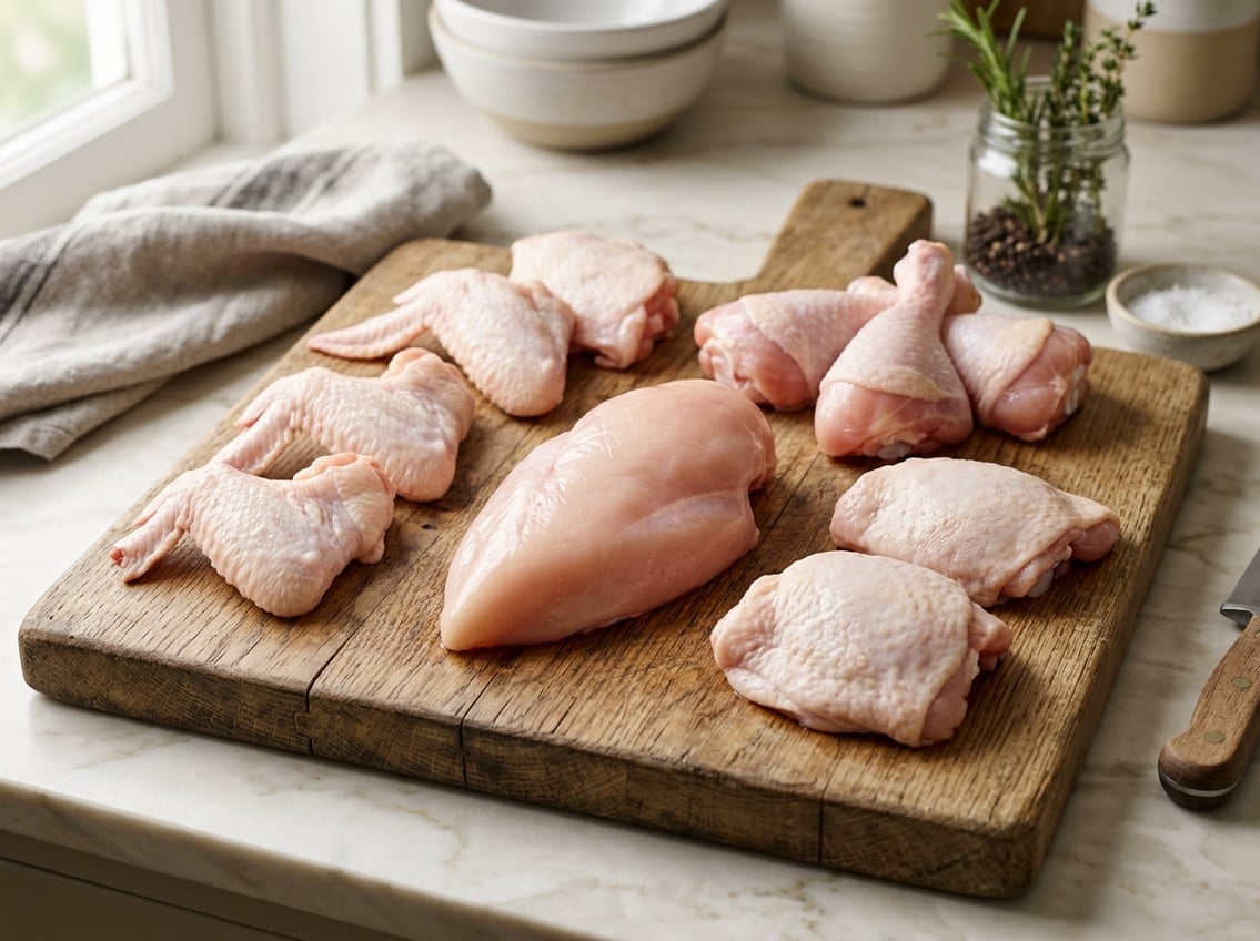 Various raw chicken cuts including a chicken breast, thighs, drumsticks, and wings arranged on a wooden cutting board.