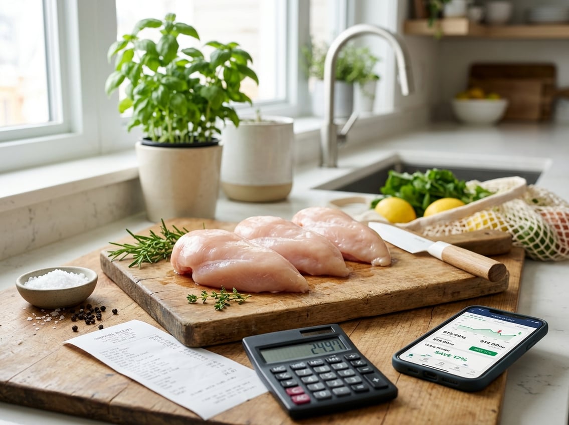 Close-up of raw chicken breasts on a cutting board with a receipt, calculator, and smartphone nearby in a kitchen.