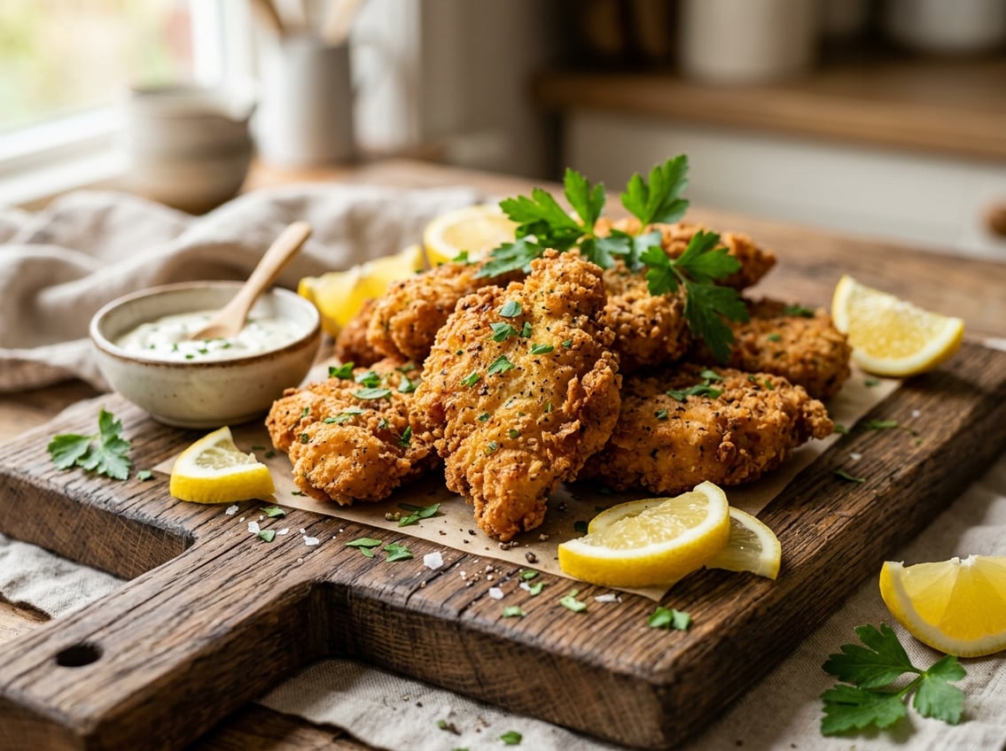 Close-up of golden-brown chicken breast fritters on a wooden board with parsley and lemon slices.
