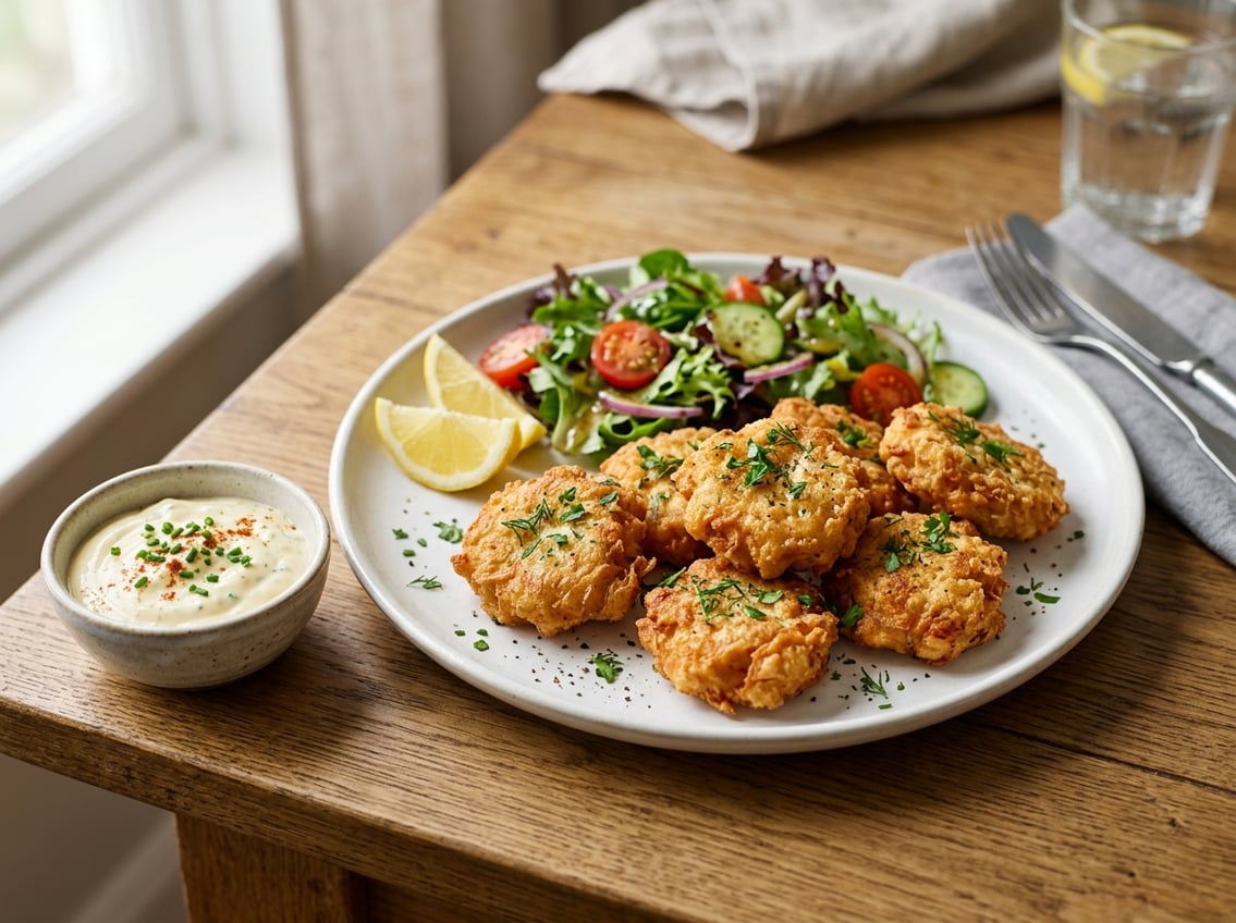 A plate of crispy chicken breast fritters with dipping sauce, salad, and lemon wedges on a wooden table.