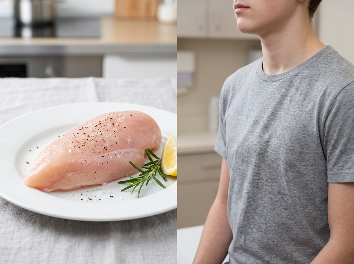 Split image showing a fresh chicken breast on a plate and a close-up of a person's chest with a slight protrusion.