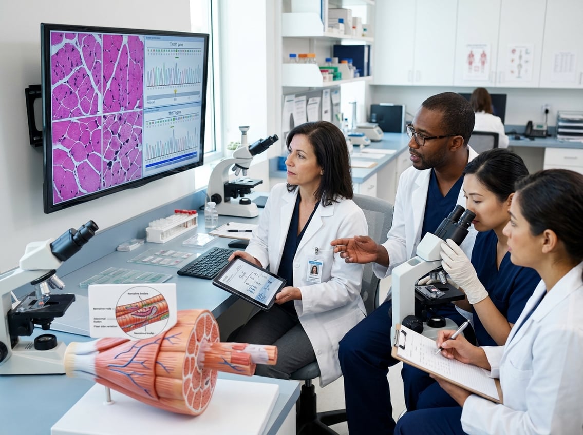 Medical professionals examining muscle biopsy slides and genetic test results related to a rare muscle disease in a clinical laboratory.