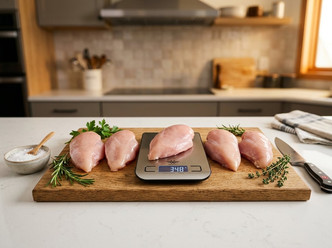 A kitchen counter with several raw chicken breasts of different sizes arranged on a cutting board next to a digital kitchen scale displaying weight.