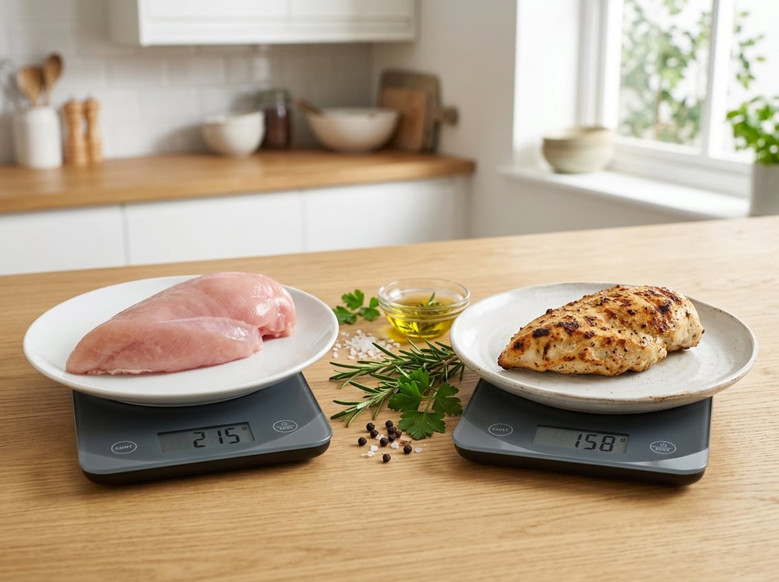 Raw and cooked chicken breasts displayed side by side on a kitchen counter with a kitchen scale nearby.