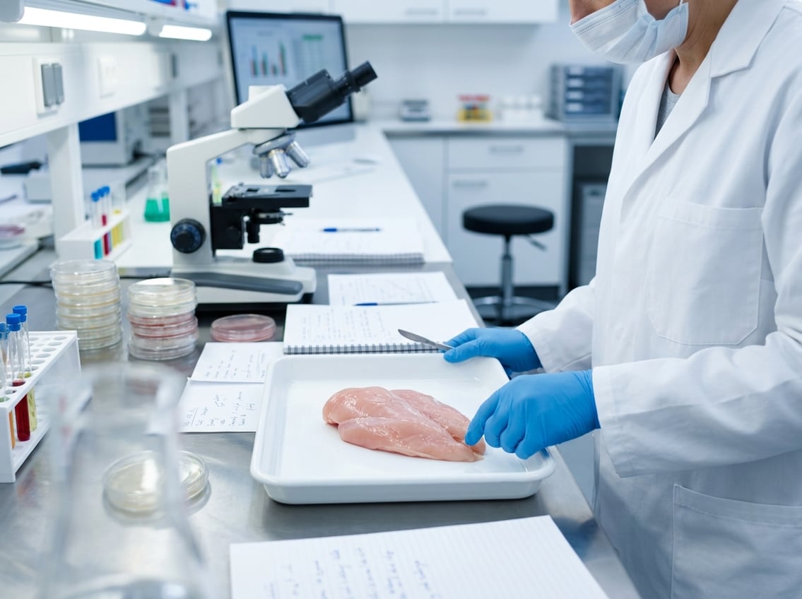 Close-up of a chicken breast fillet on a white surface with a researcher examining it in a laboratory setting.