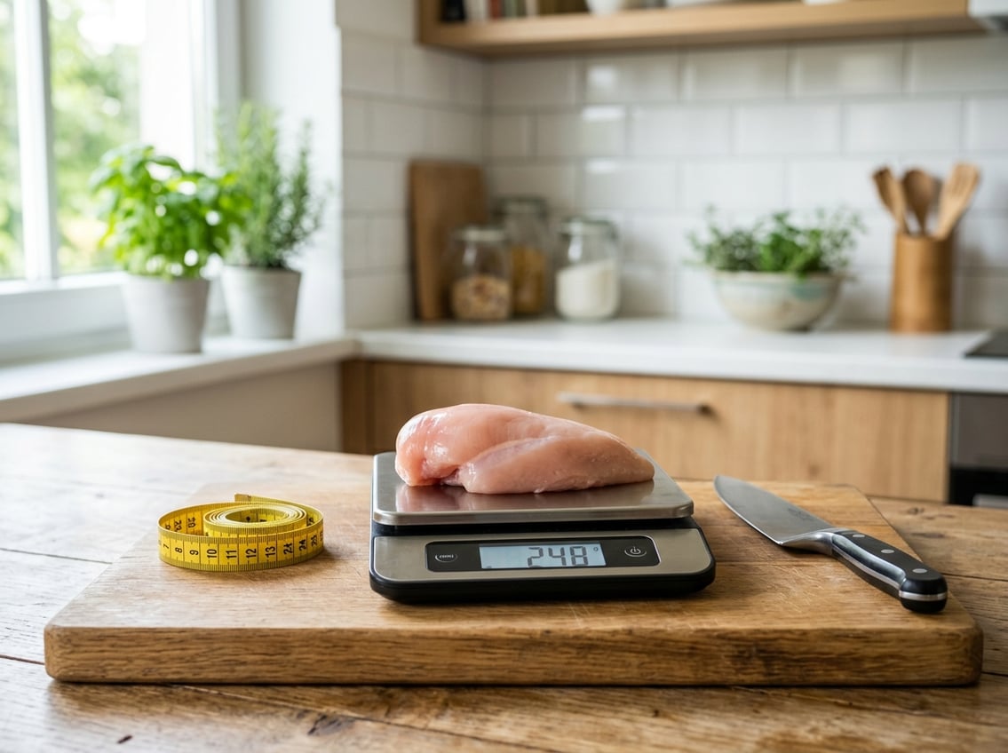 A raw chicken breast on a digital kitchen scale on a wooden cutting board in a bright kitchen.
