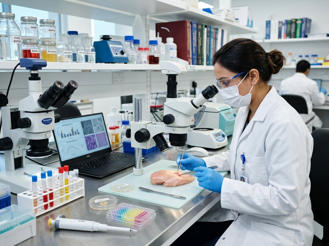 A researcher in a lab coat examining a raw chicken breast in a modern laboratory with scientific equipment around.
