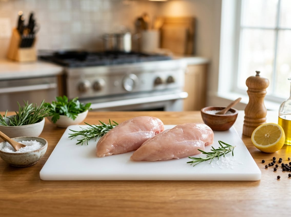 Close-up of raw chicken breasts on a cutting board with fresh herbs, lemon, and salt in a kitchen setting.