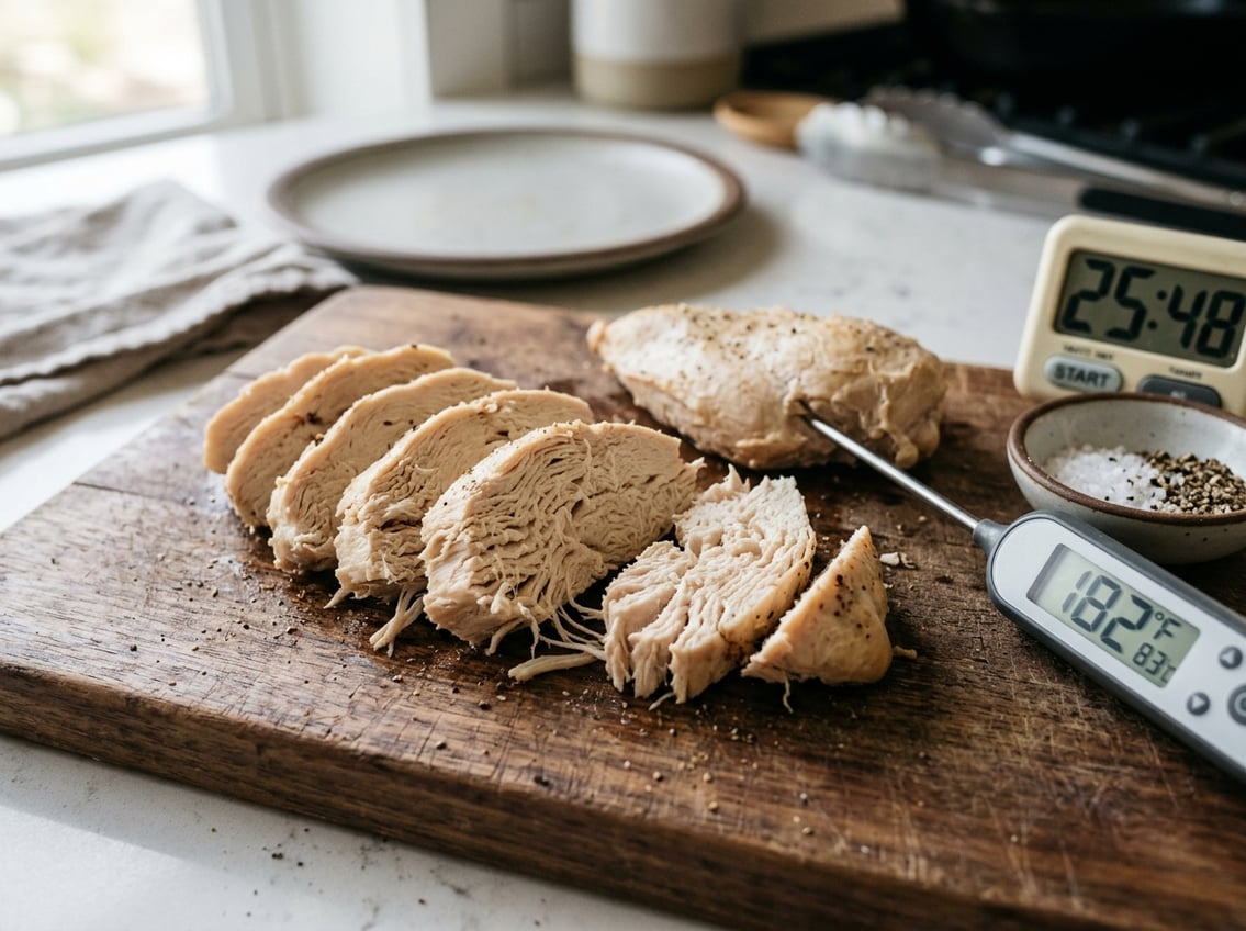 Close-up of a sliced cooked chicken breast on a wooden cutting board with kitchen tools nearby, highlighting its dry and chewy texture.