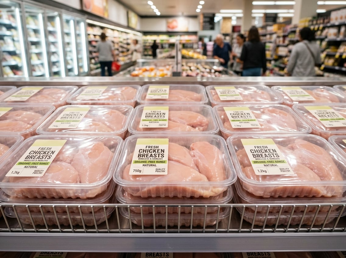 Packages of raw chicken breasts displayed on a supermarket refrigerated shelf.