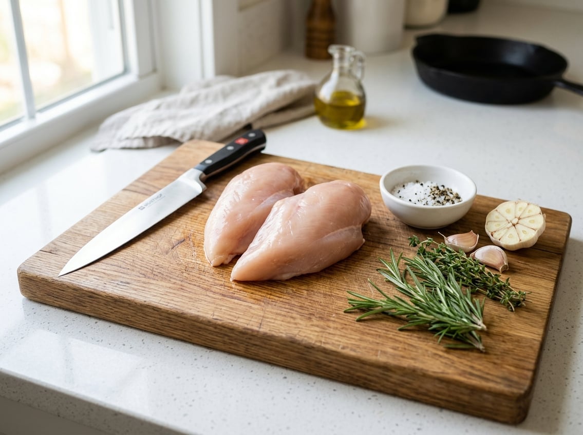 Close-up of raw chicken breasts on a cutting board with herbs, garlic, and a knife in a bright kitchen.